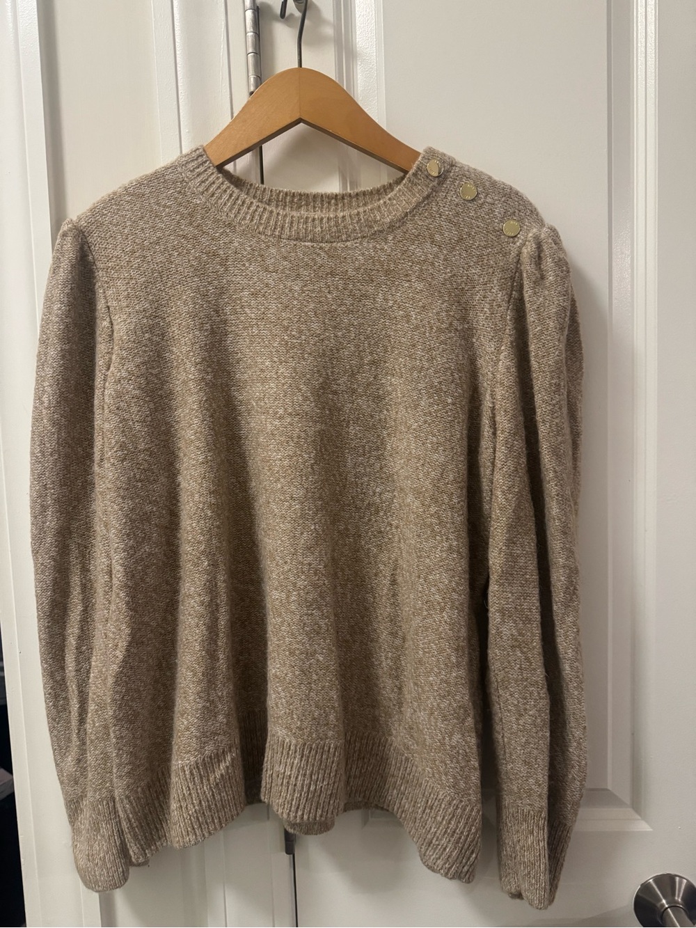 Anne Klein Taupe Button-Shoulder Crewneck Sweater